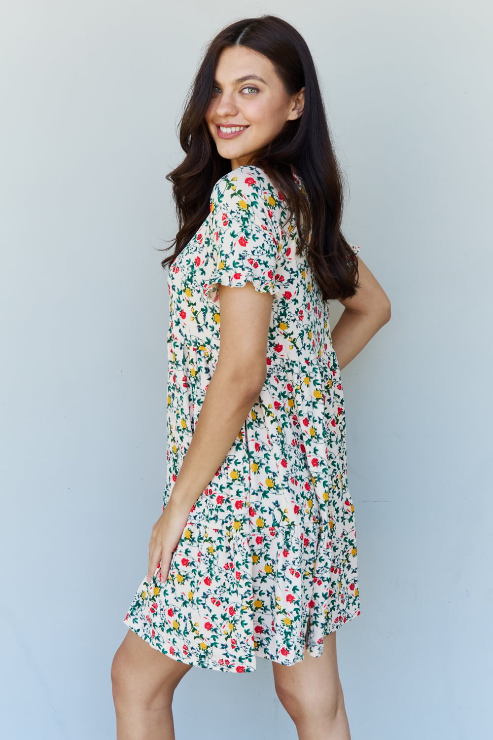 Full Size V-Neck Ruffle Sleeve Floral Short Dress