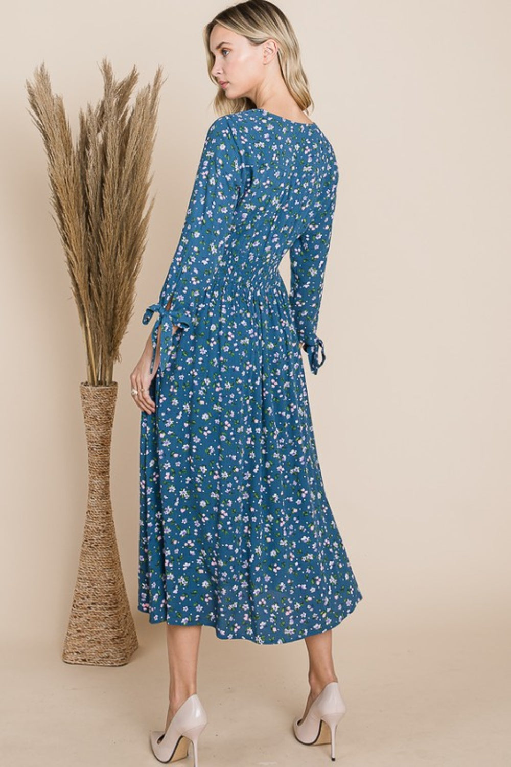 Teal Reborn J Floral V-Neck Midi Dress