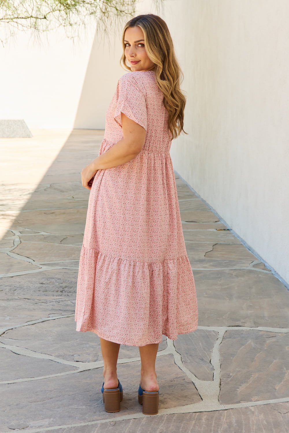 Spring Baby Full Size Kimono Sleeve Midi Dress in Peach