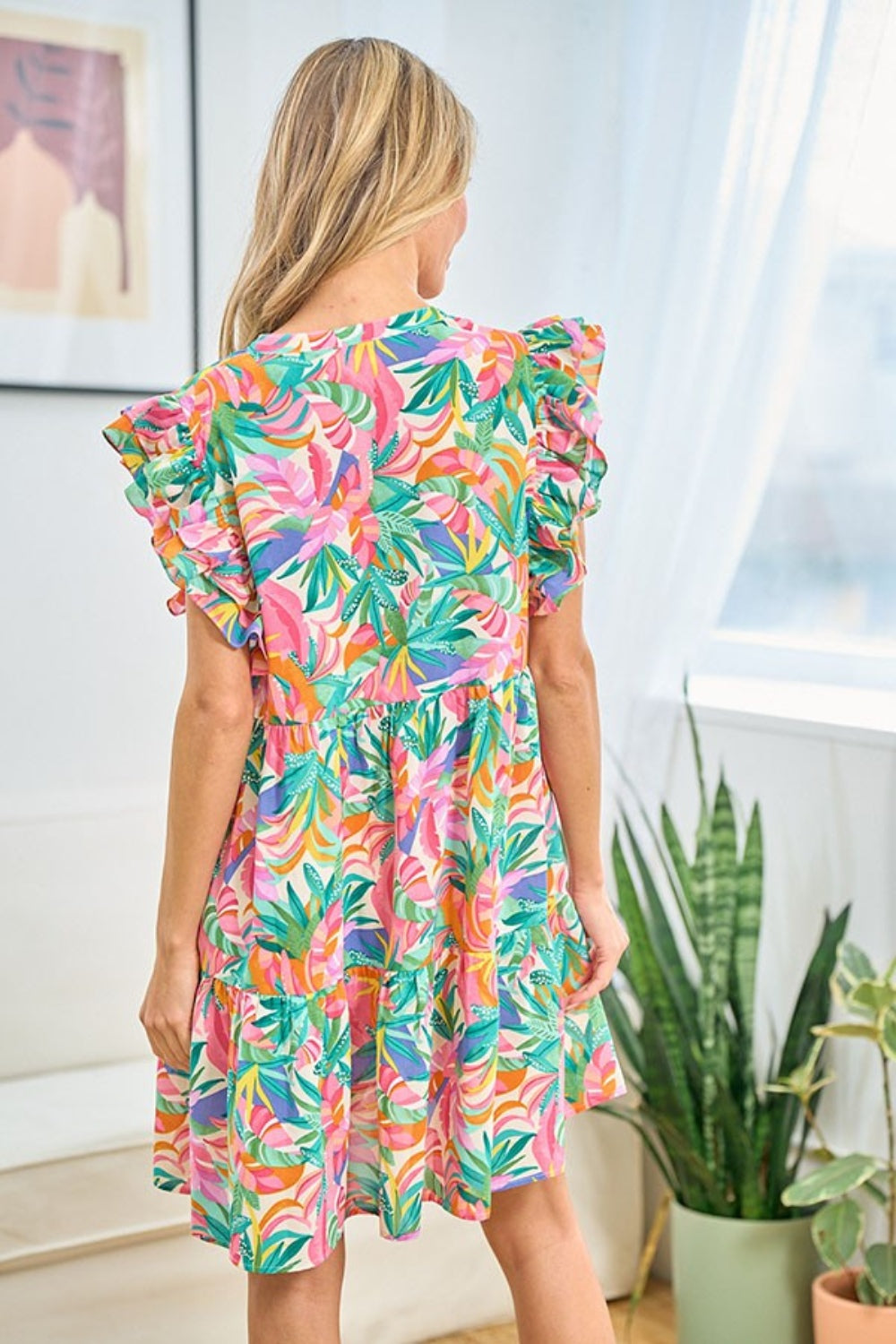 Ruffled Printed Notched Cap Sleeve Short Dress