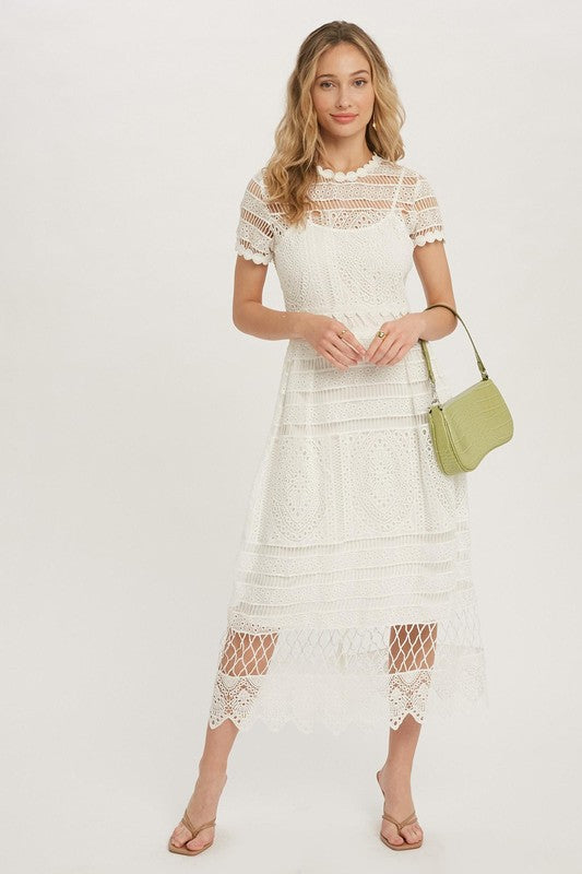 Crochet Dress Hight Neck Short Sleeves, Wedding Guest Dress