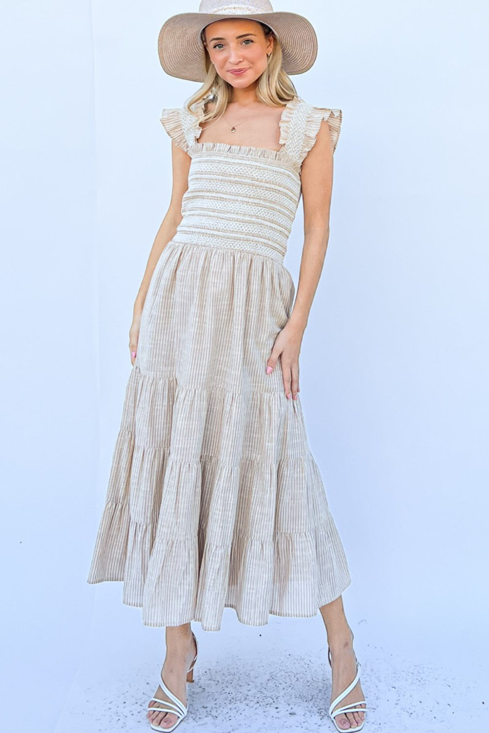 Linen Striped Ruffle Maxi Dress