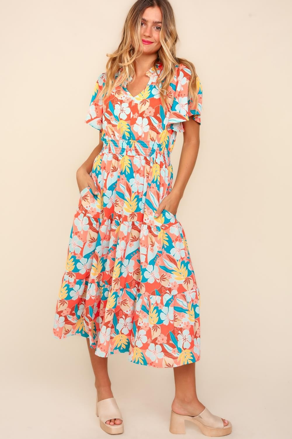 Tropical Floral Tiered Midi Dress with Side Pockets