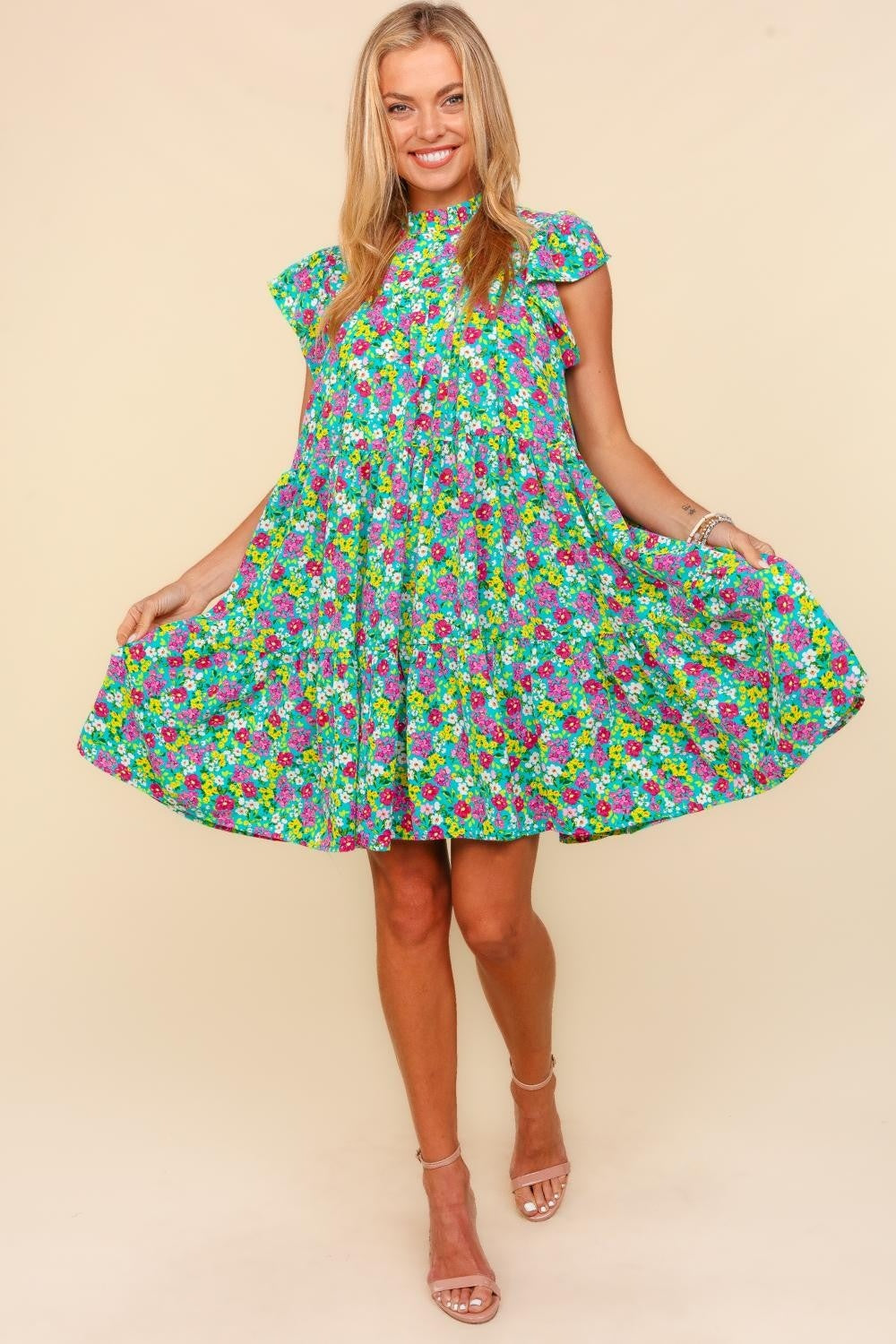 Frilled Mock Neck Ditsy Floral Short Dress