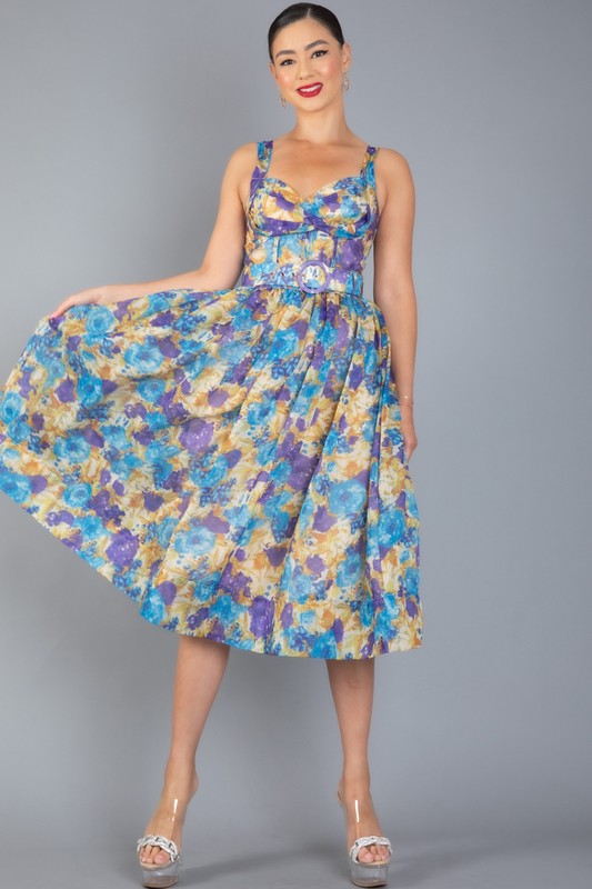 High Tide  Floral Print Sweetheart Neck  Flared Open Square At The Back  Midi Dress