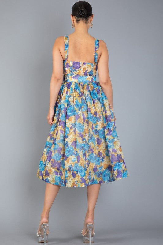 High Tide  Floral Print Sweetheart Neck  Flared Open Square At The Back  Midi Dress