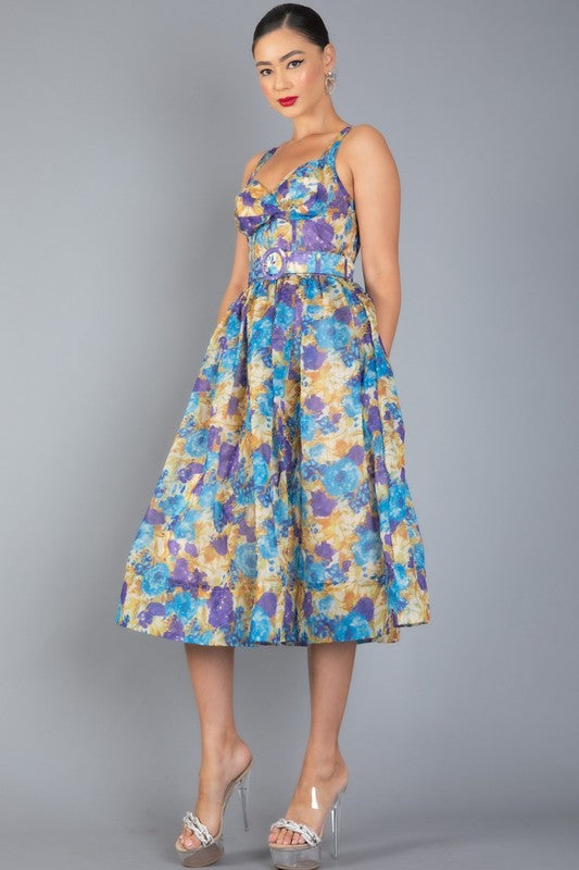 High Tide  Floral Print Sweetheart Neck  Flared Open Square At The Back  Midi Dress