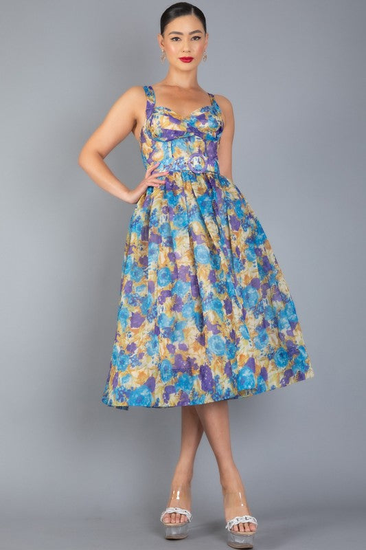 High Tide  Floral Print Sweetheart Neck  Flared Open Square At The Back  Midi Dress