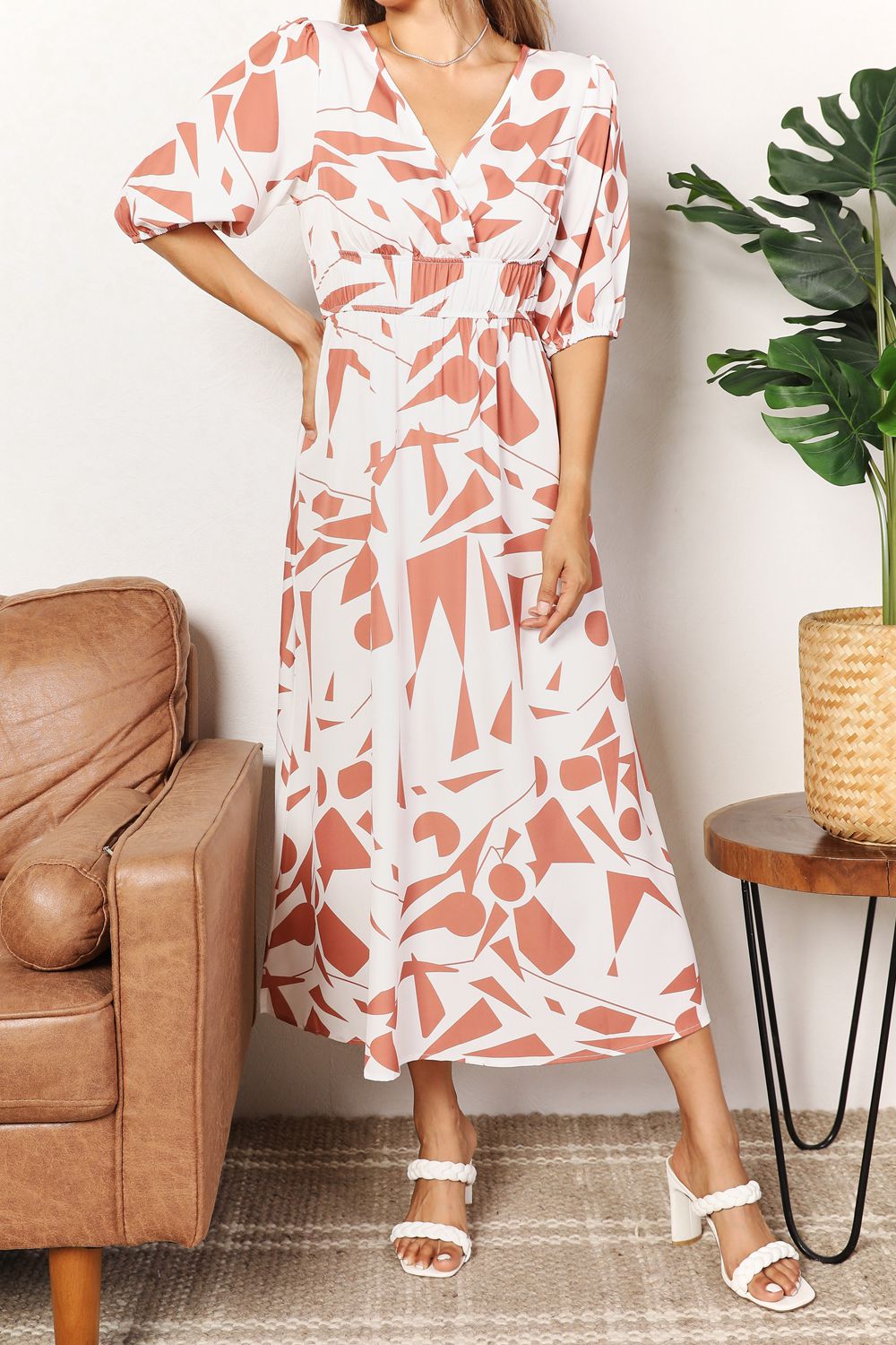 Printed Surplice Balloon Sleeve Maxi Dress