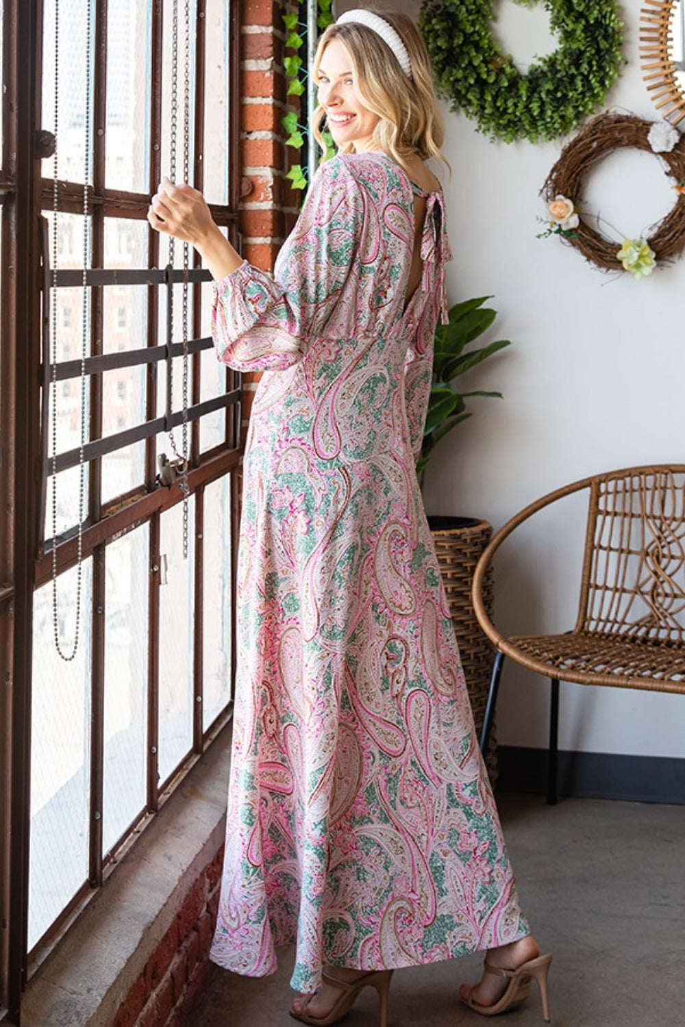 Paisley Print Tie-Back Long Sleeve Maxi Dress