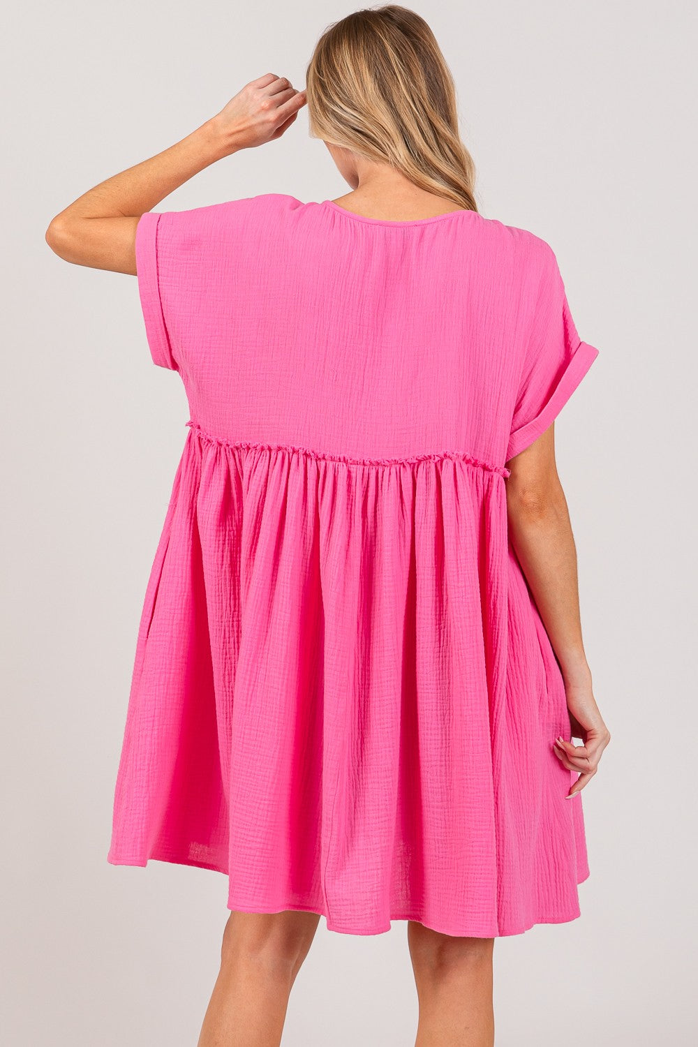 Pink Button Up Short Sleeve Short Dress