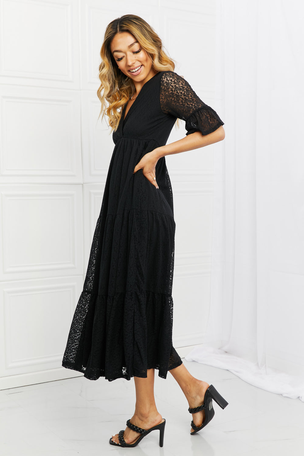 Black Lovely Lace Full Size Tiered Maxi Dress