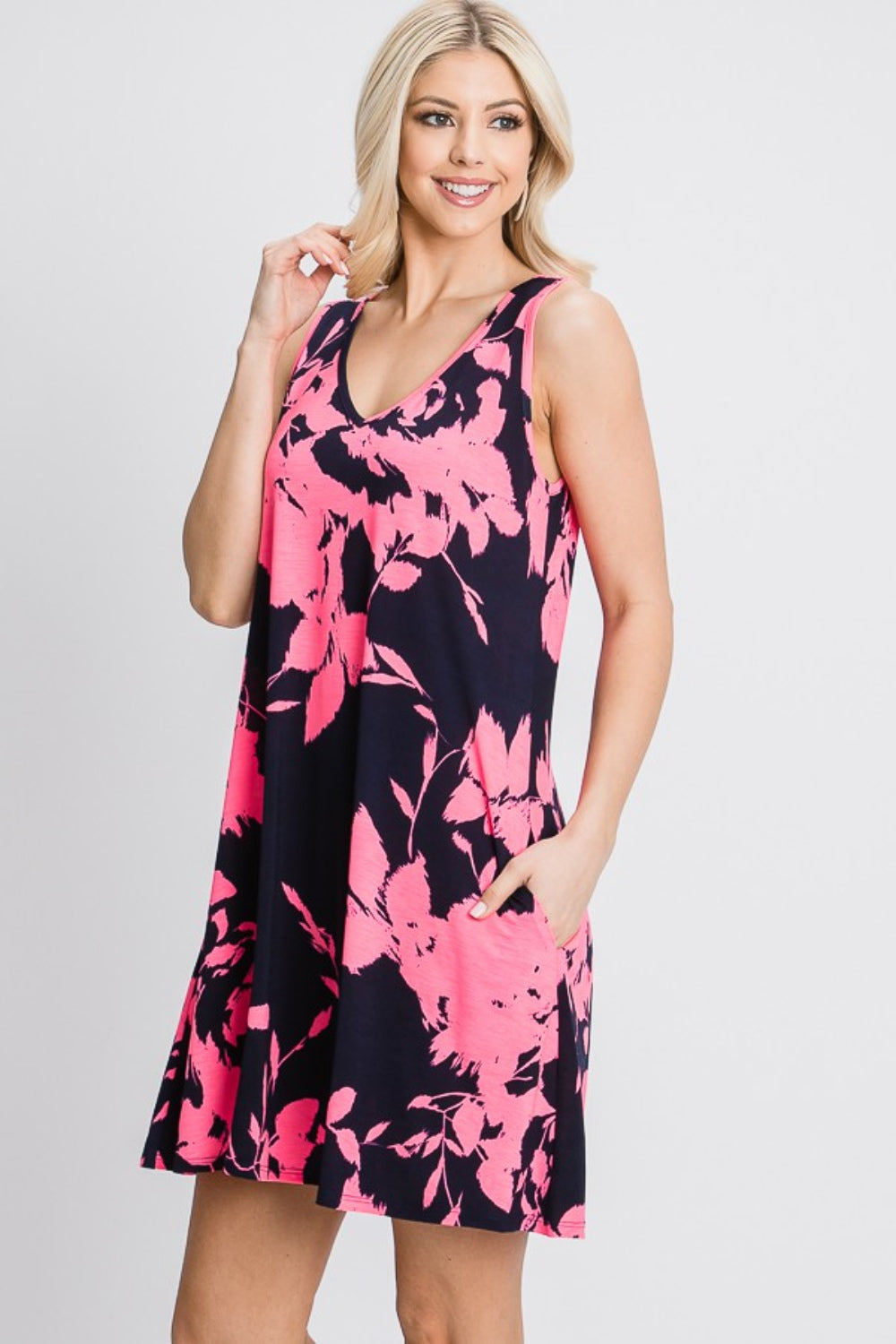 Full Size Floral V-Neck Tank Dress with Pockets