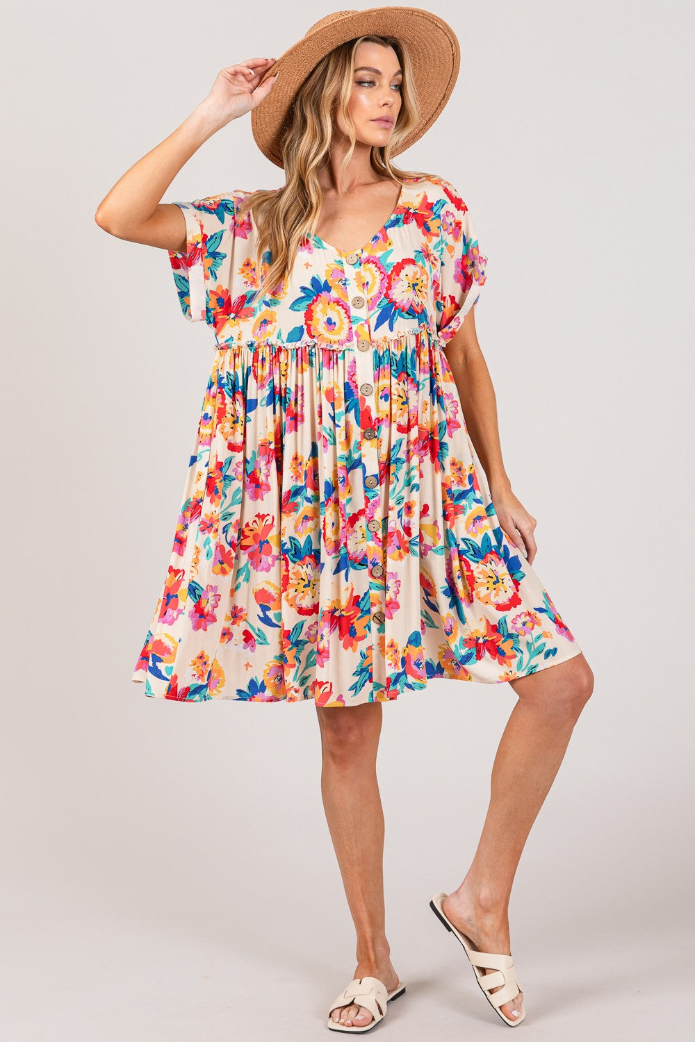 Full Size Floral Button-Down Short Dress