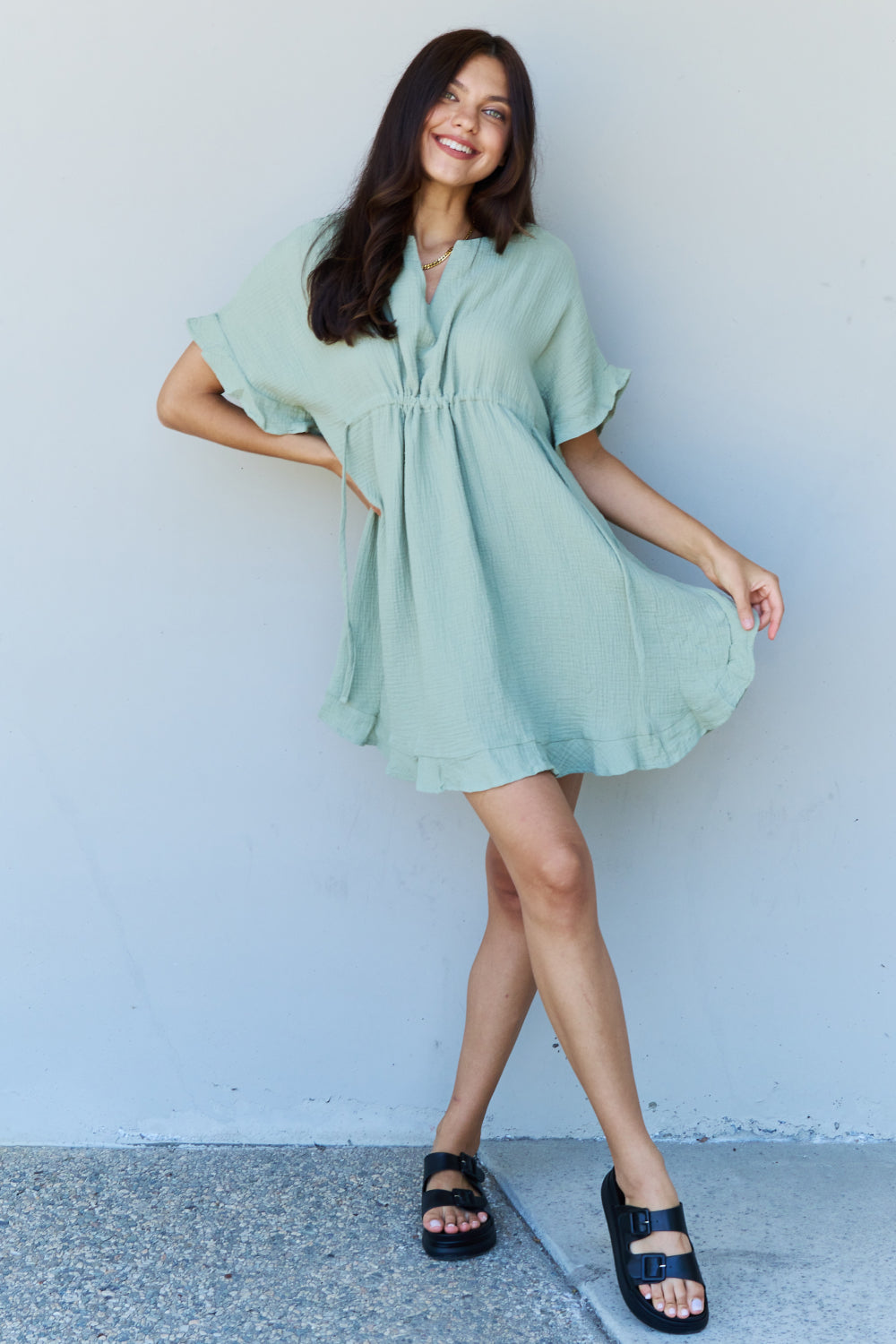 Ruffle Hem Short Dress with Drawstring Waistband in Light Sage