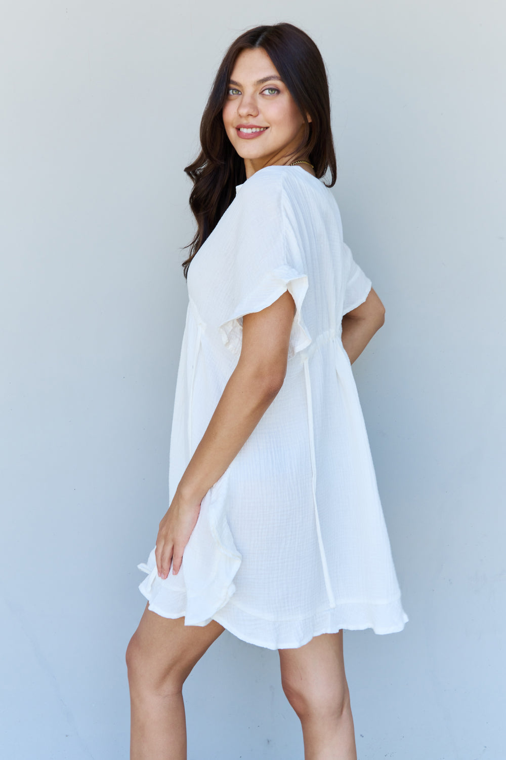 Full Size Ruffle Hem sHORT Dress with Drawstring Waistband in White