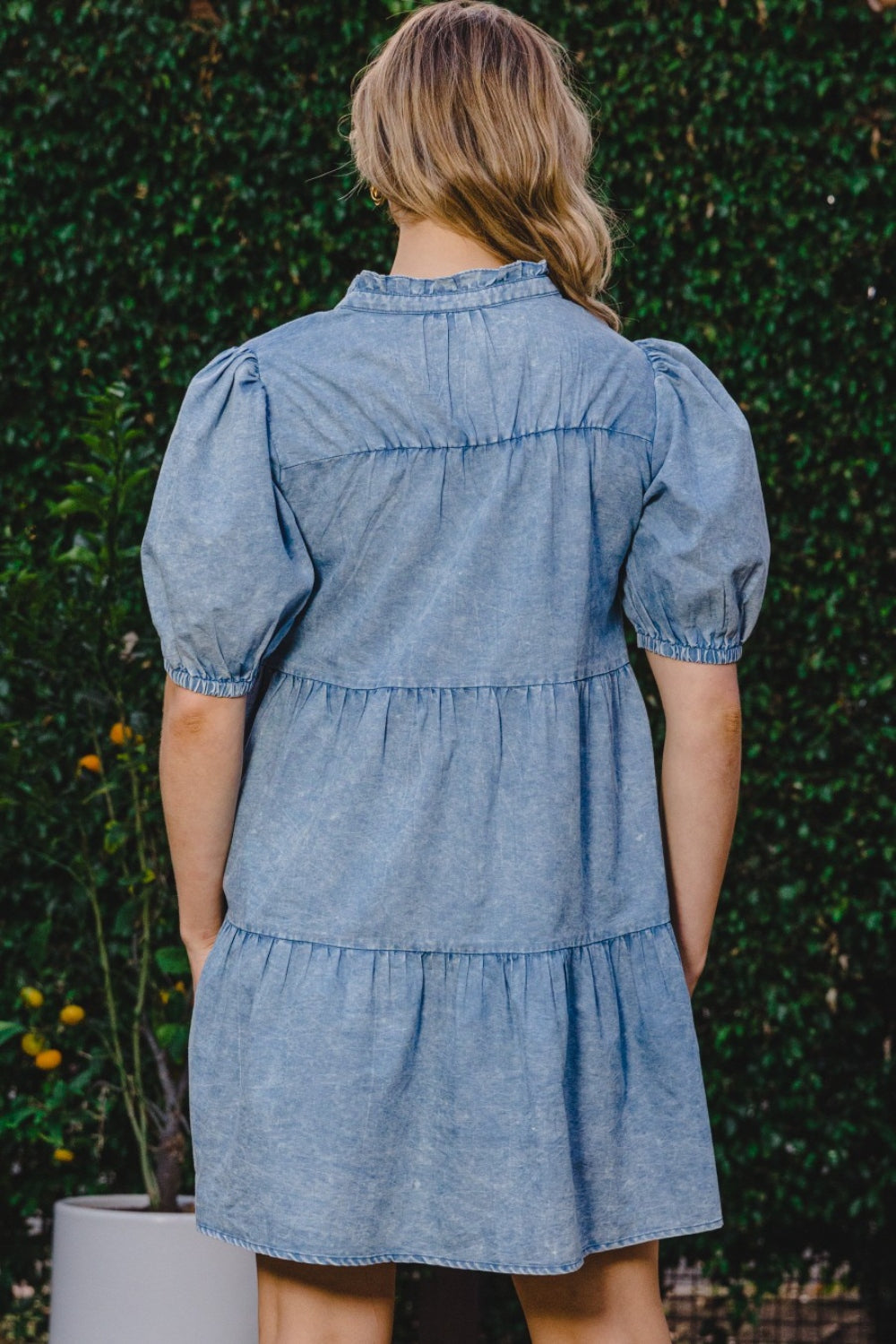 Washed Denim Tiered Short Dress