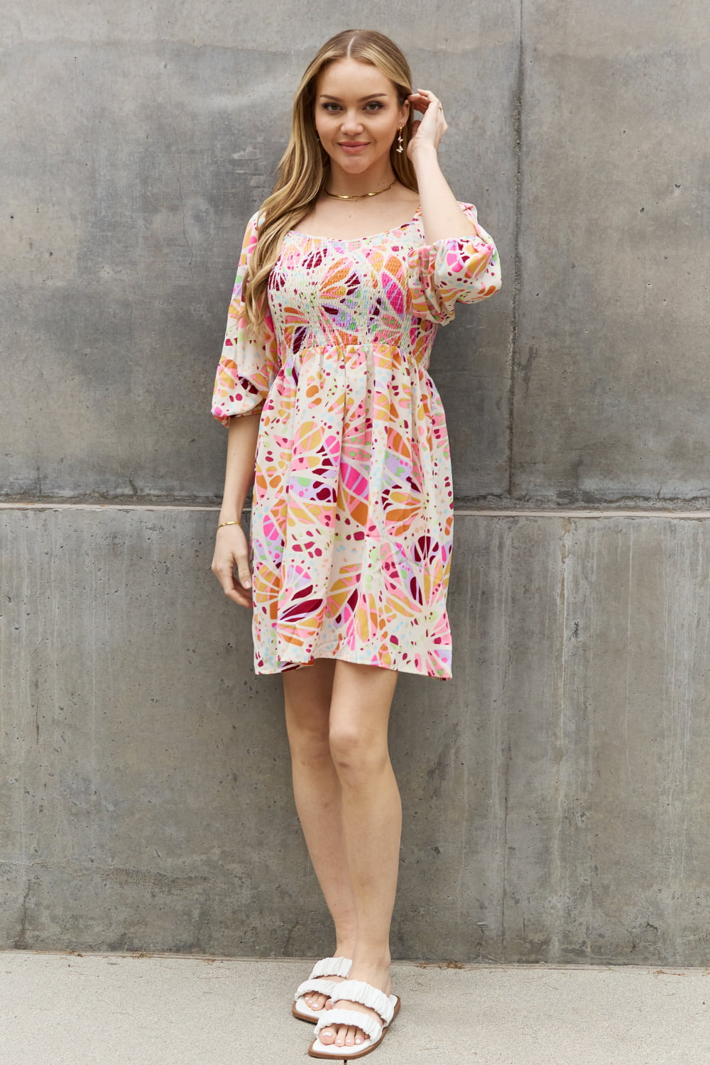 Full Size Natural Combo Floral Print Short Dress