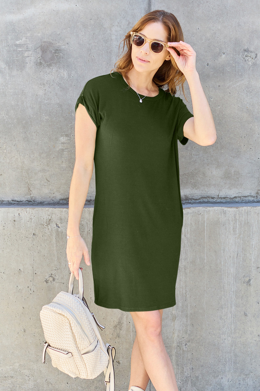 Full Size Round Neck Short Sleeve Dress with Pockets