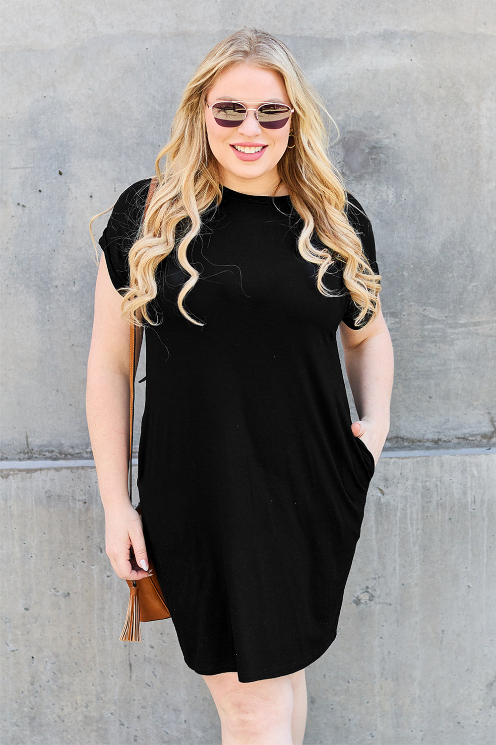 Full Size Round Neck Short Dress with Pockets