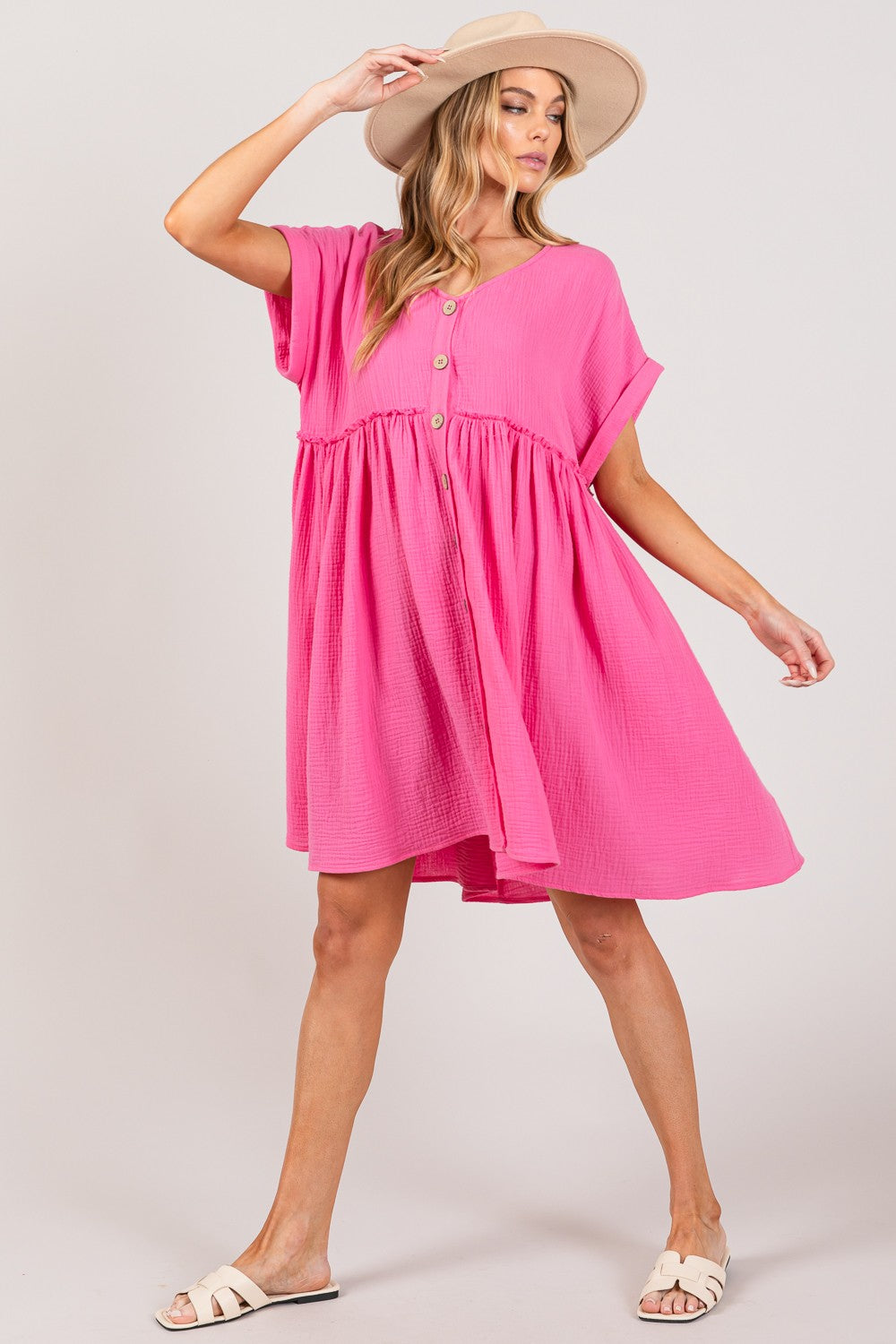 Pink Button Up Short Sleeve Short Dress