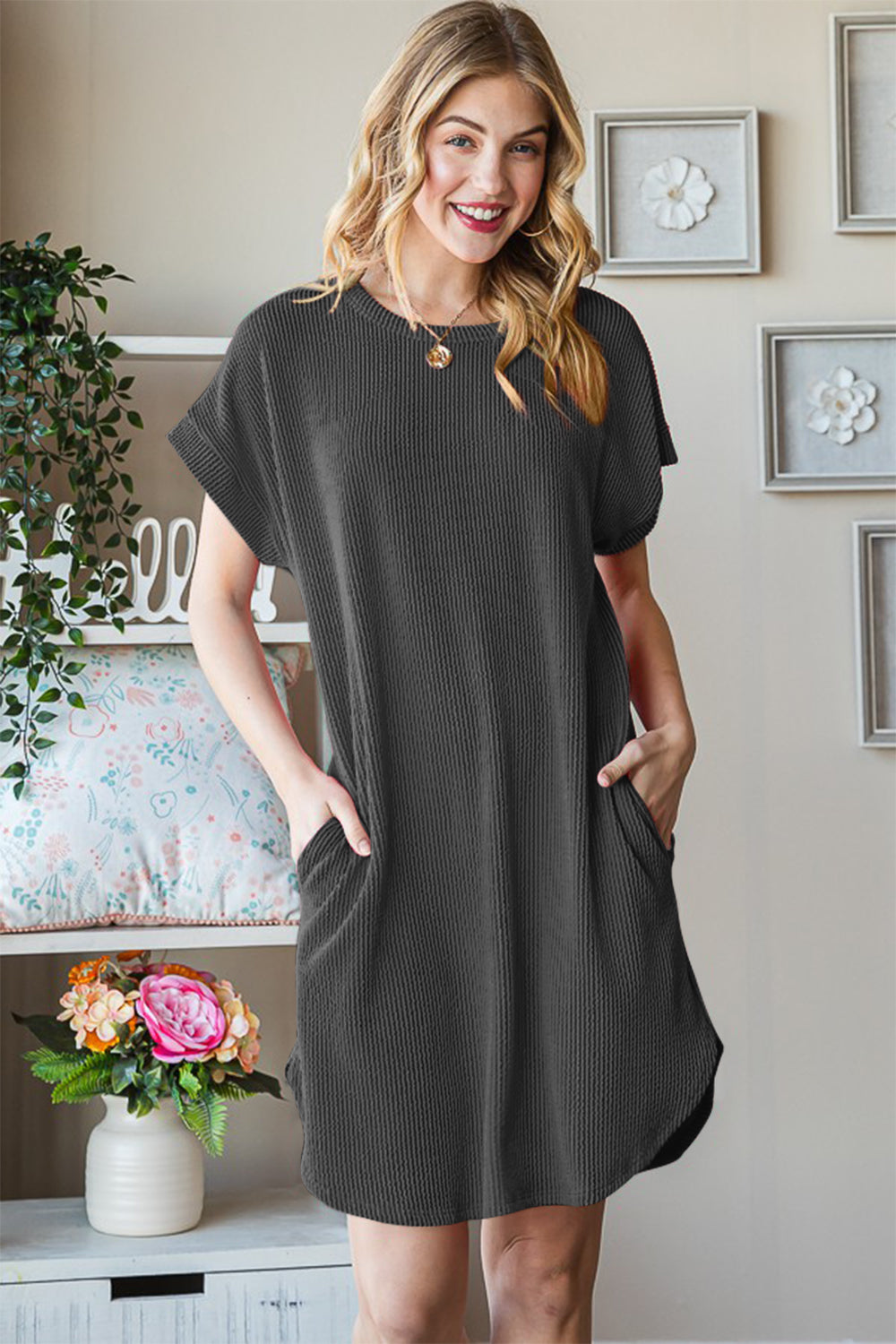 Full Size Ribbed Round Neck Short Sleeve Tee Dress