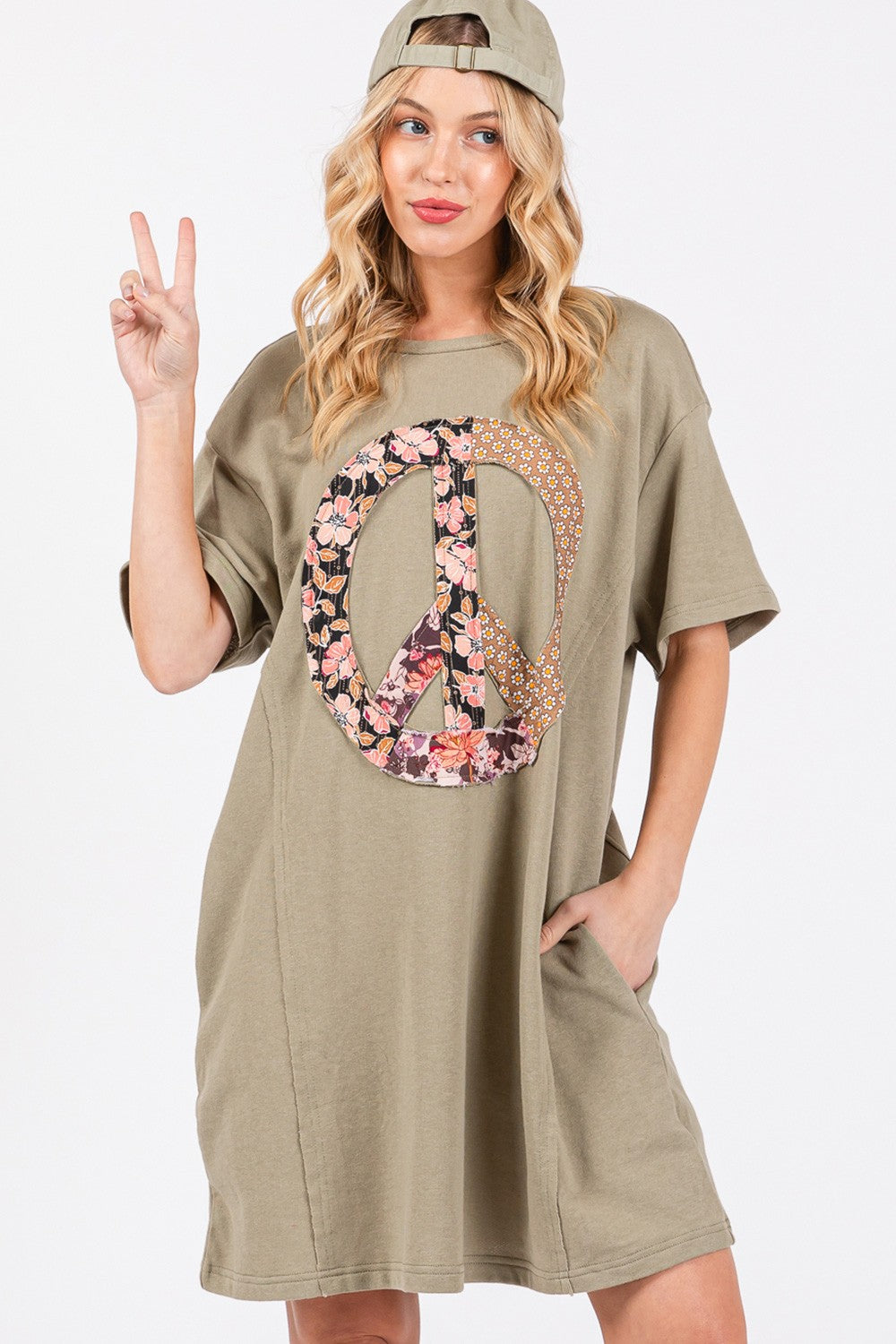 Full Size Peace Sign Applique Short Sleeve Tee Dress