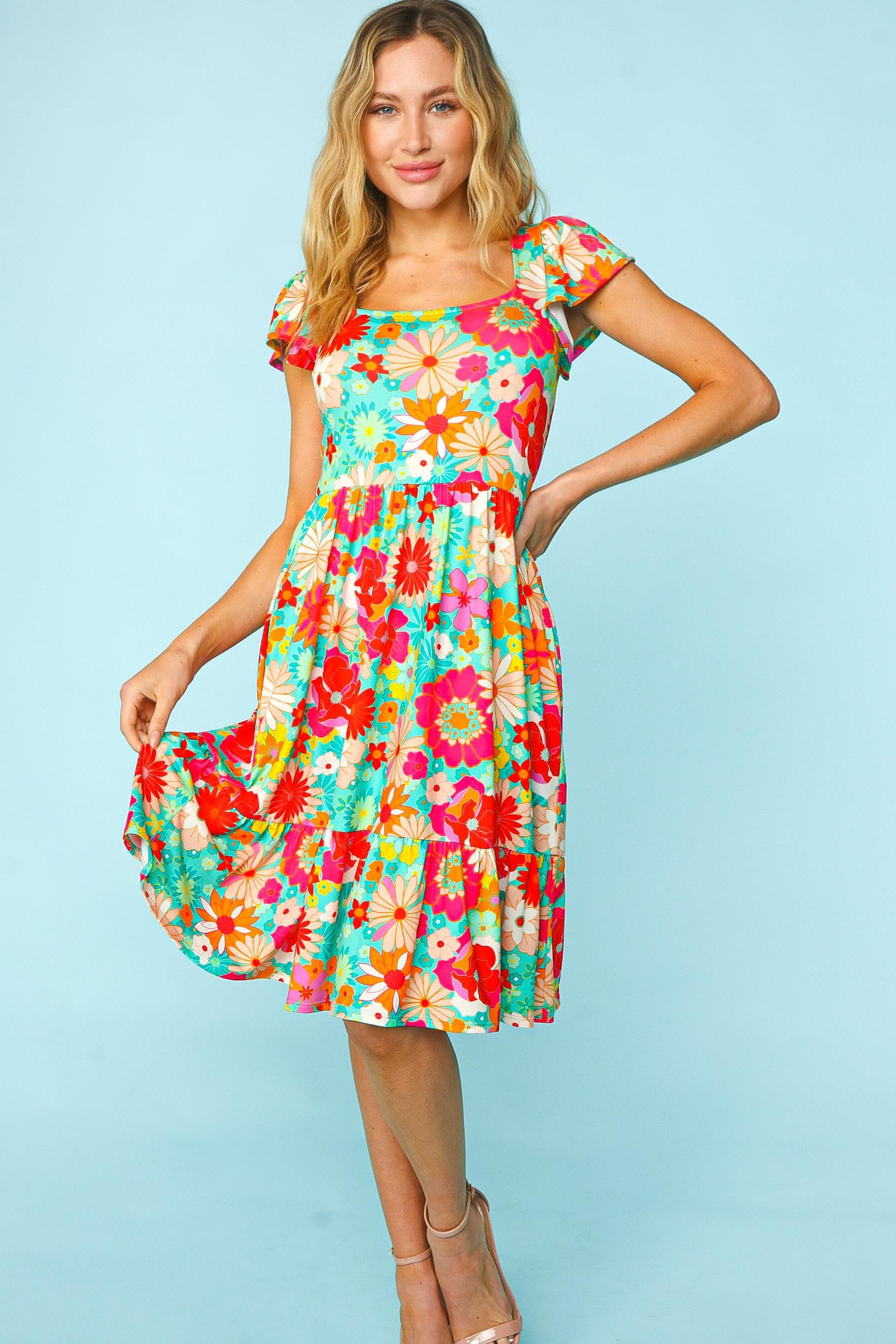 Floral Square Neck Short Sleeve Short Dress