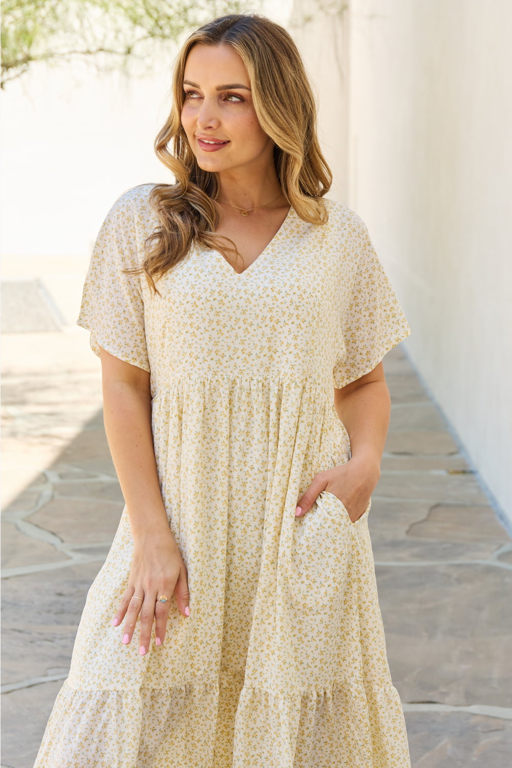 Spring Baby Full Size Kimono Sleeve Midi Dress in Cream