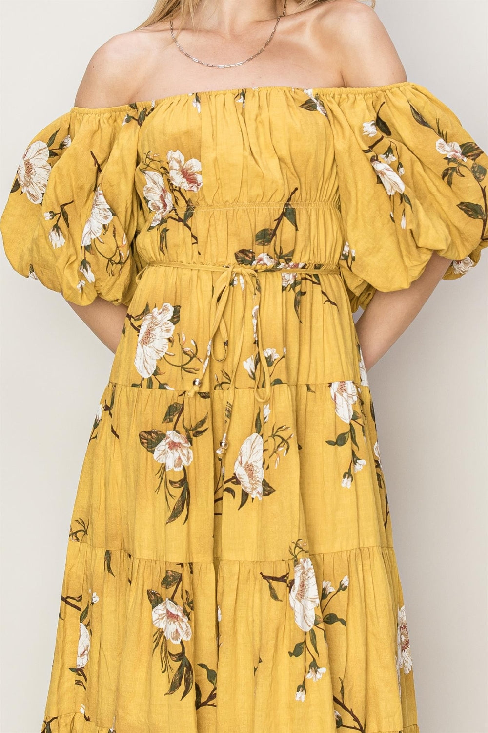 Yellow Floral Puff Sleeve Tiered Maxi Dress