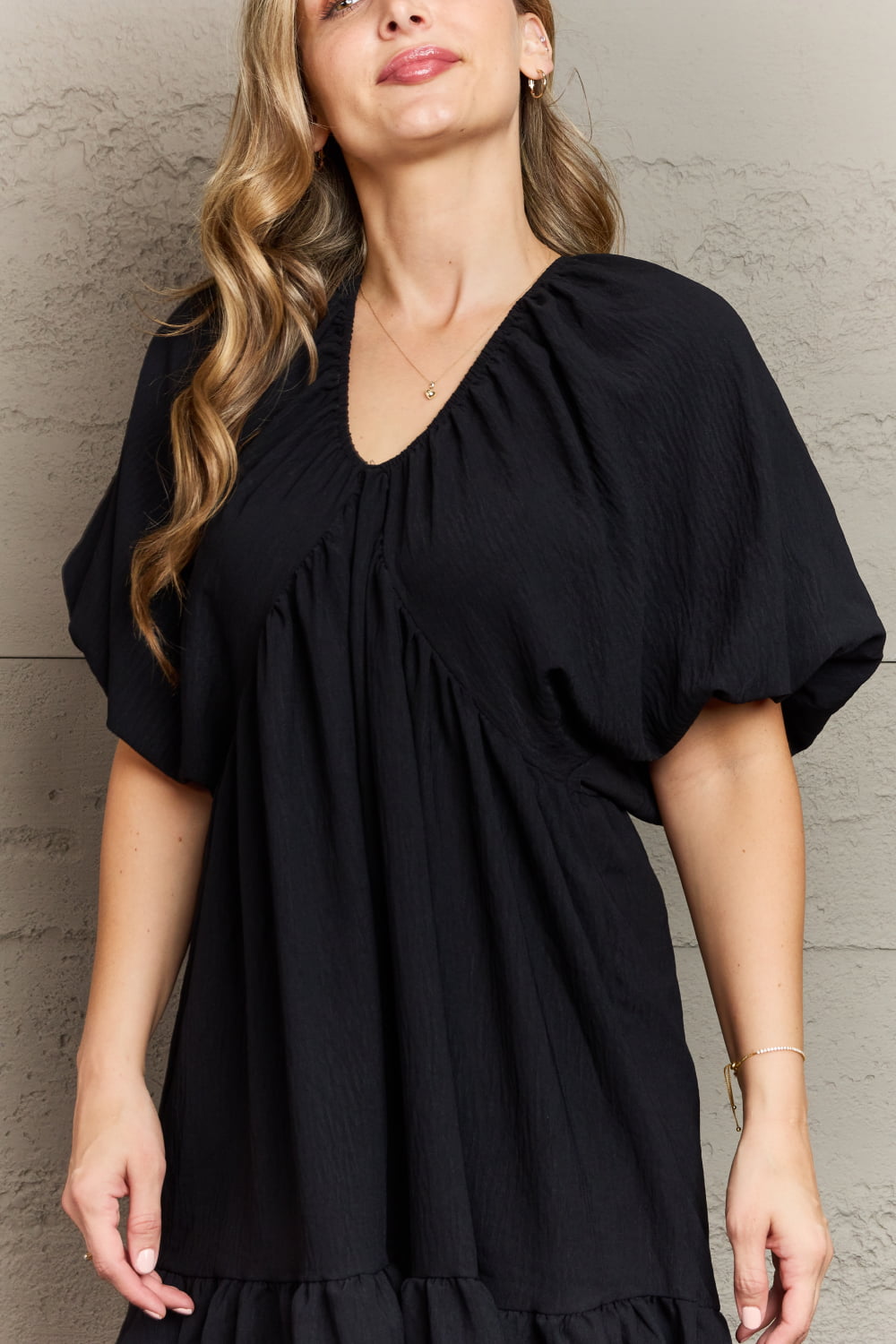 Comfort Cutie Black  V-Neck Puff Sleeve Short Dress