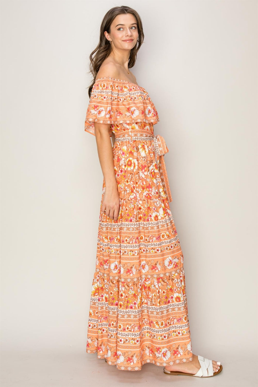 Short Floral Off-Shoulder Tie Front Maxi Dress