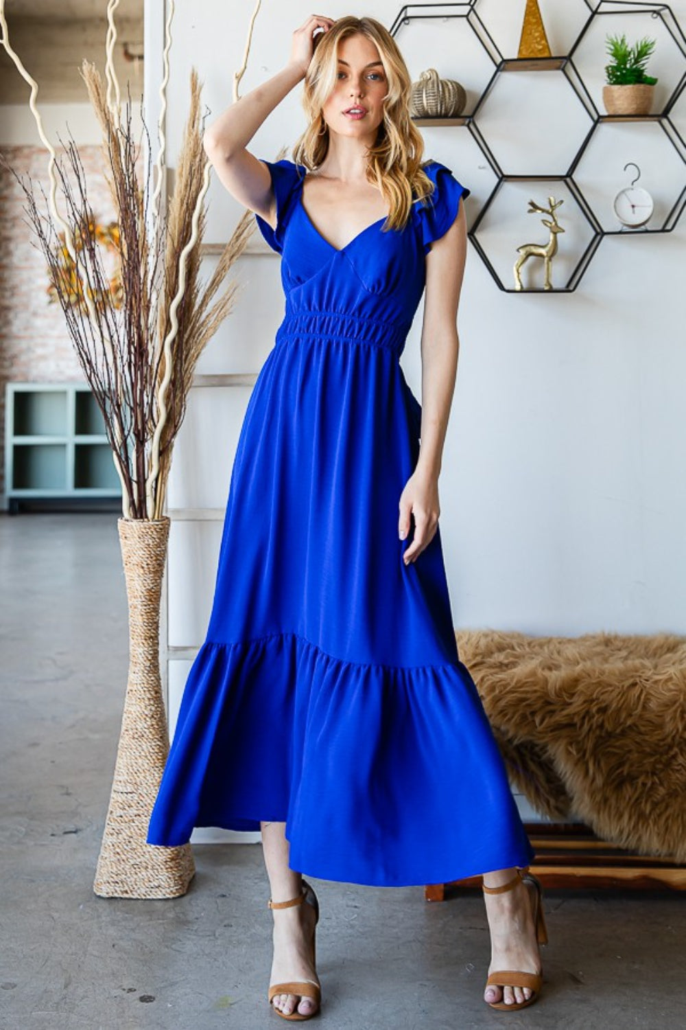 Royal Tie Back Sleeveless Ruffled Midi Dress