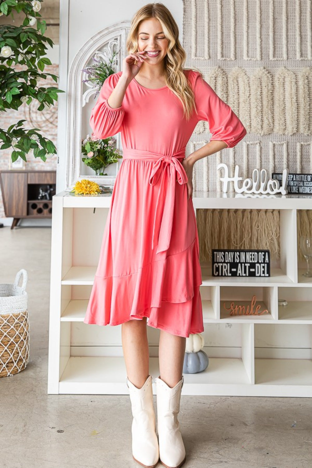 Coral Tie Front Ruffle Hem Midi Dress