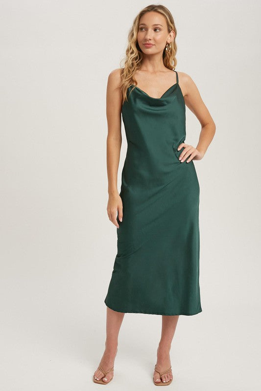 Satin Cowl Neck Midi Slip Dress