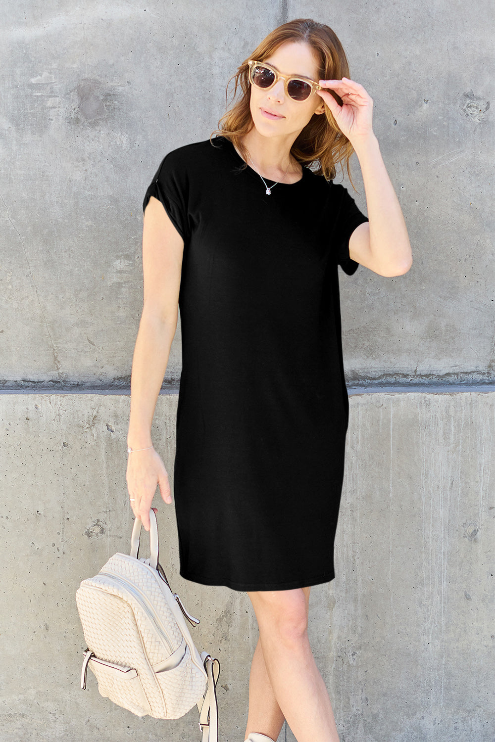 Full Size Round Neck Short Dress with Pockets