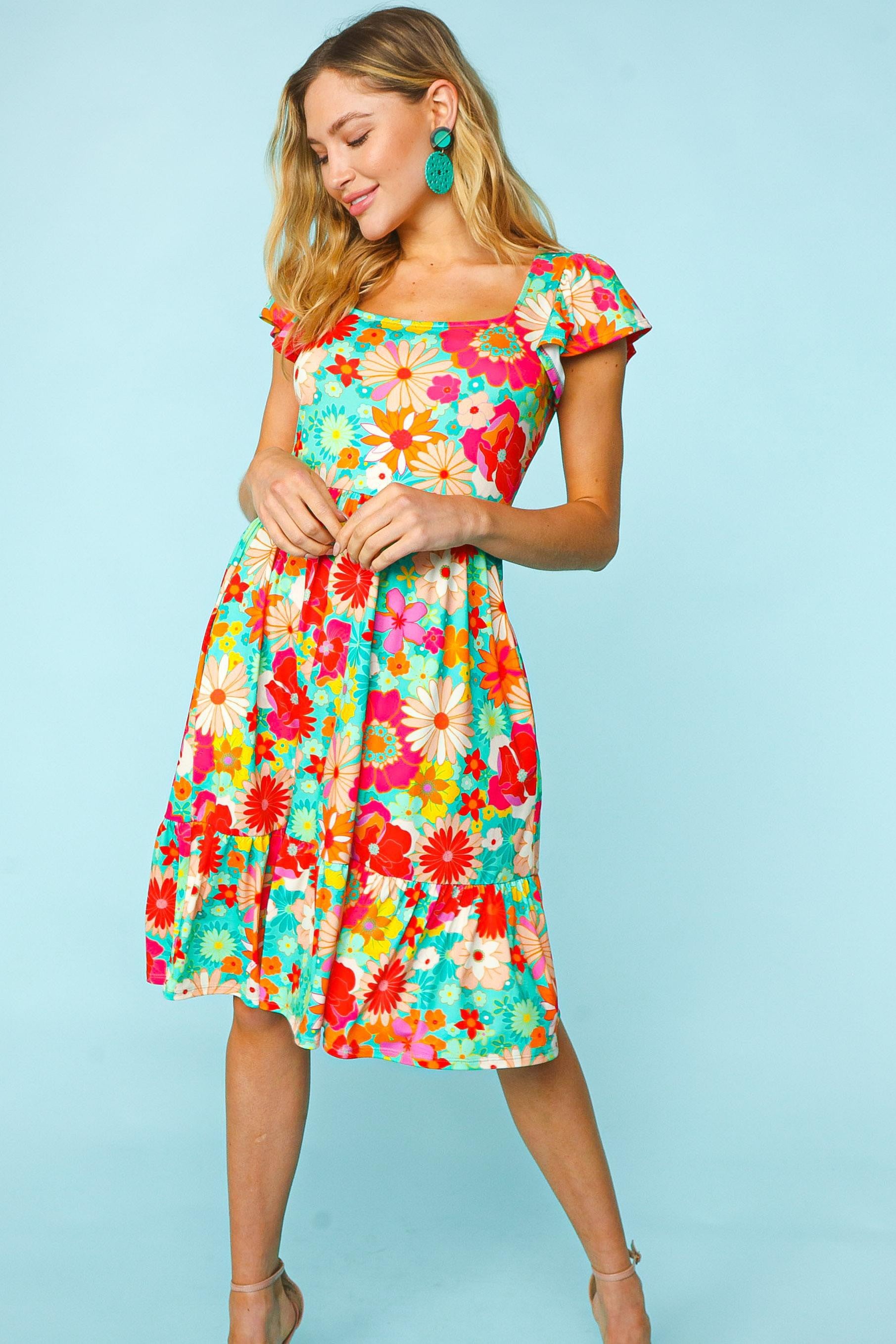 Floral Square Neck Short Sleeve Short Dress