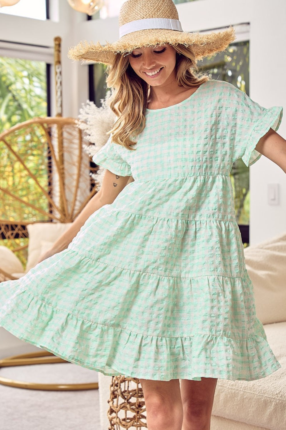 Ruffled Hem Short Sleeve Tiered Short Dress