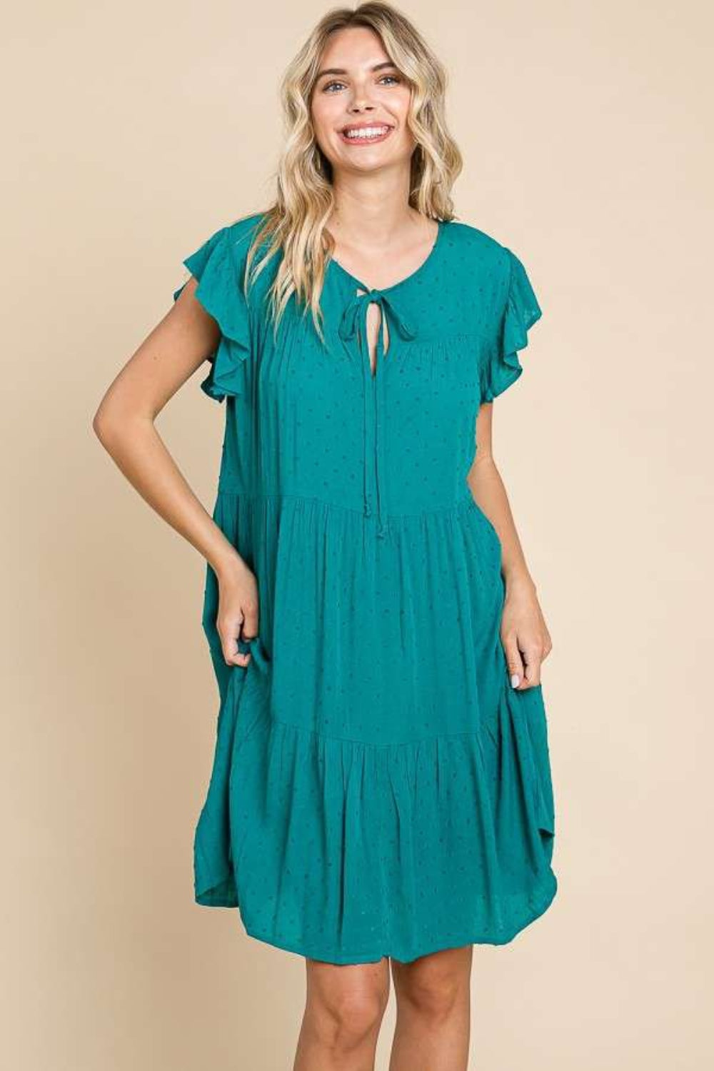 Ruffle Cap Sleeve Lotus Green Short Dress