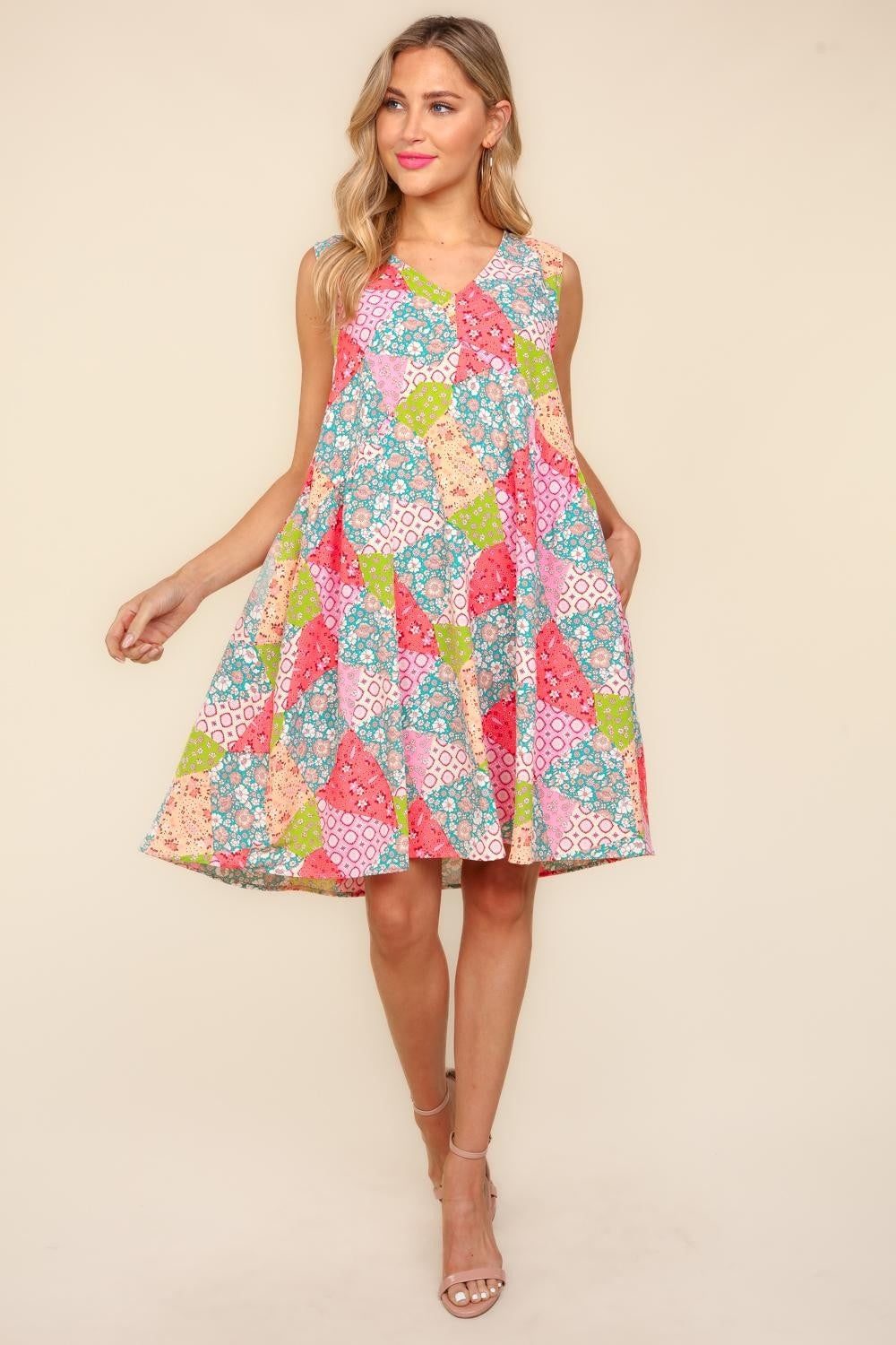 Floral Patchwork Short Dress with Side Pockets