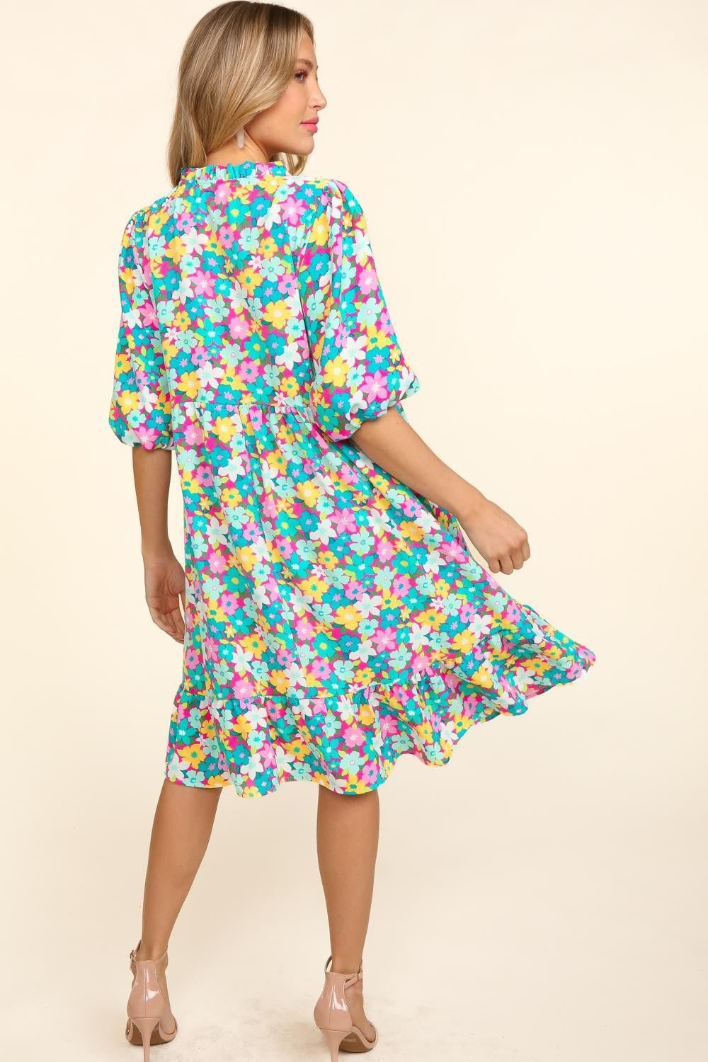 Bubble Sleeve Floral Ruffled Short Dress