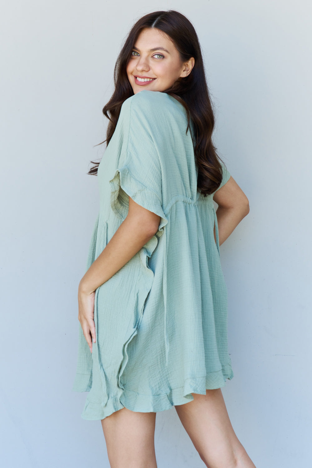 Ruffle Hem Short Dress with Drawstring Waistband in Light Sage