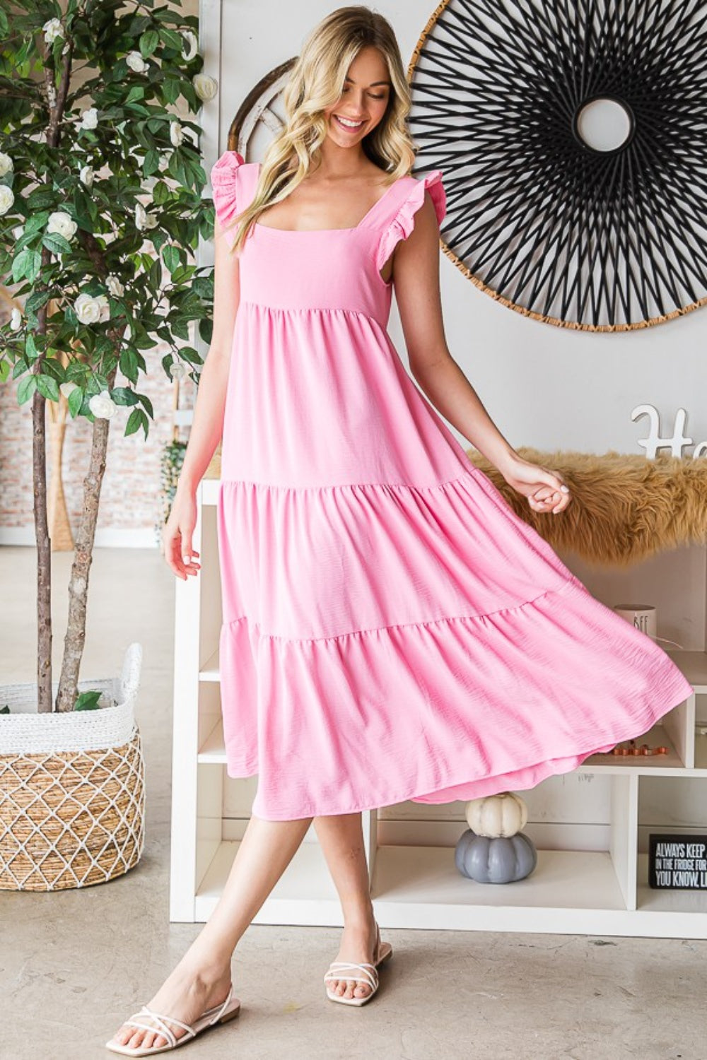 Bubble Pink Ruffled Sleeveless Tiered Midi Dress