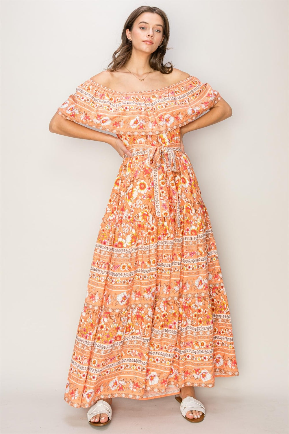 Short Floral Off-Shoulder Tie Front Maxi Dress