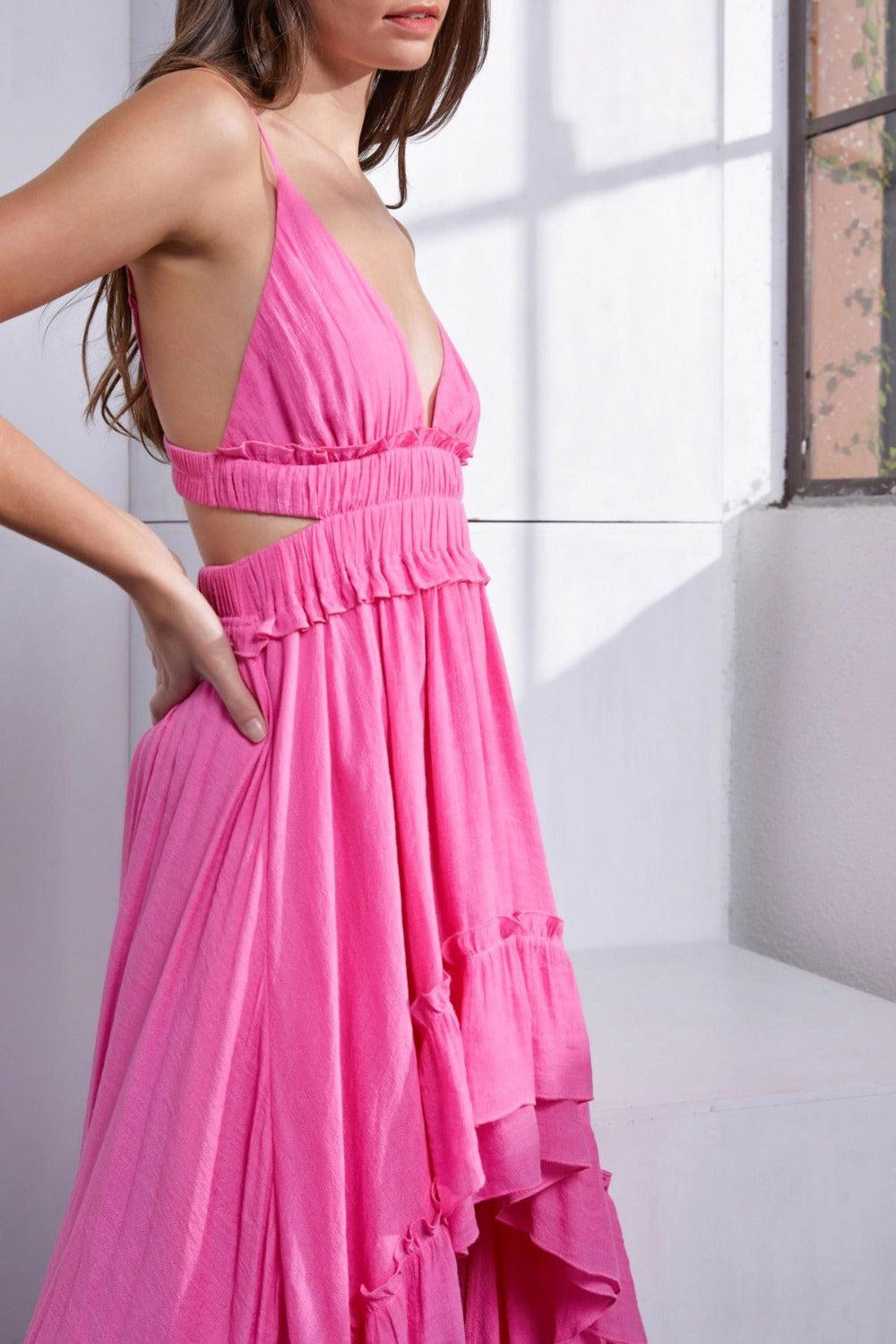 Asymmetric Ruffle Open Back Cutout Cami MIdi Dress