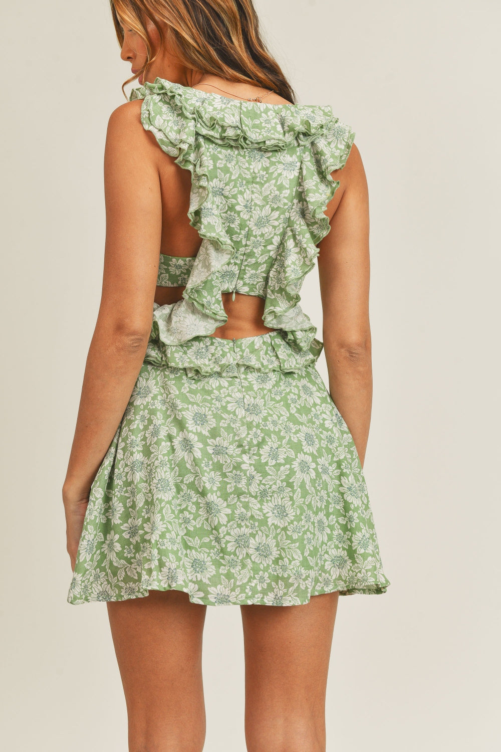 Floral Side Cutout Ruffled Mini Dress