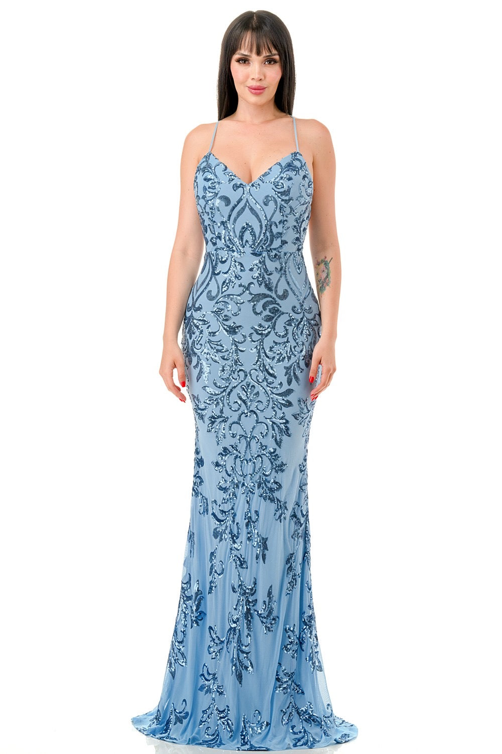 Bay Sequin Embellished Criss Cross Bodycon Blue Maxi Dress