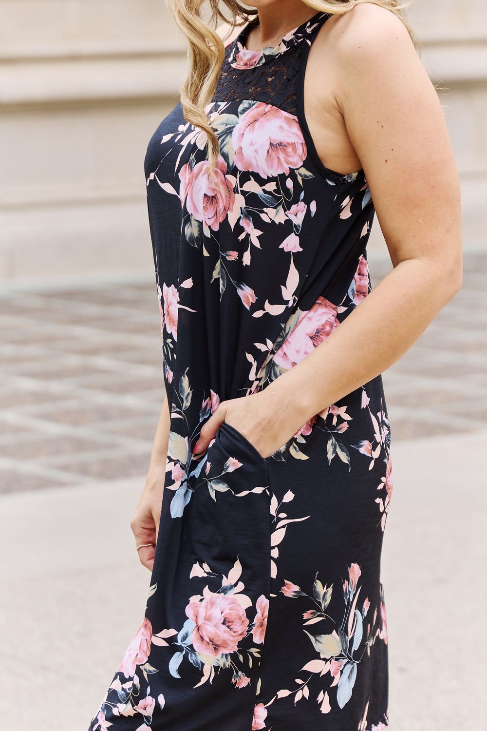 Black Floral Lace Detail Sleeveless Short Dress