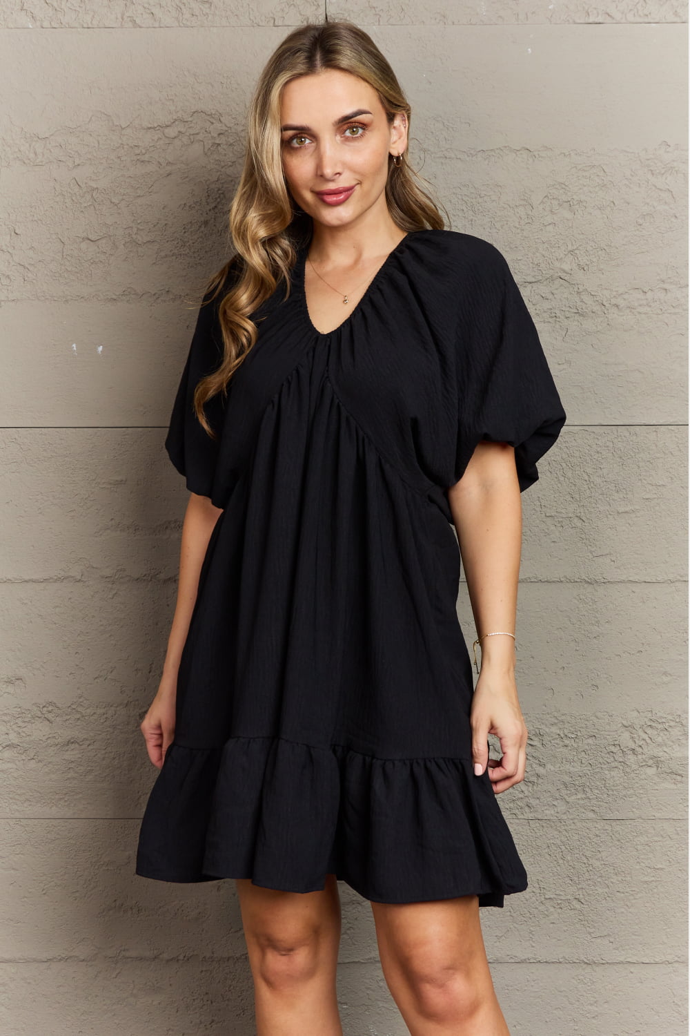 Comfort Cutie Black  V-Neck Puff Sleeve Short Dress