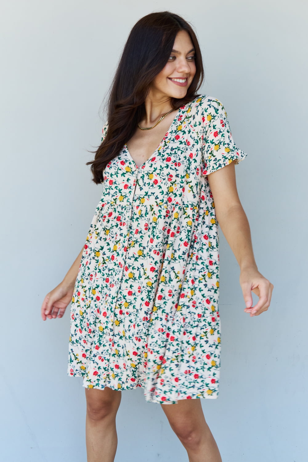 Full Size V-Neck Ruffle Sleeve Floral Short Dress